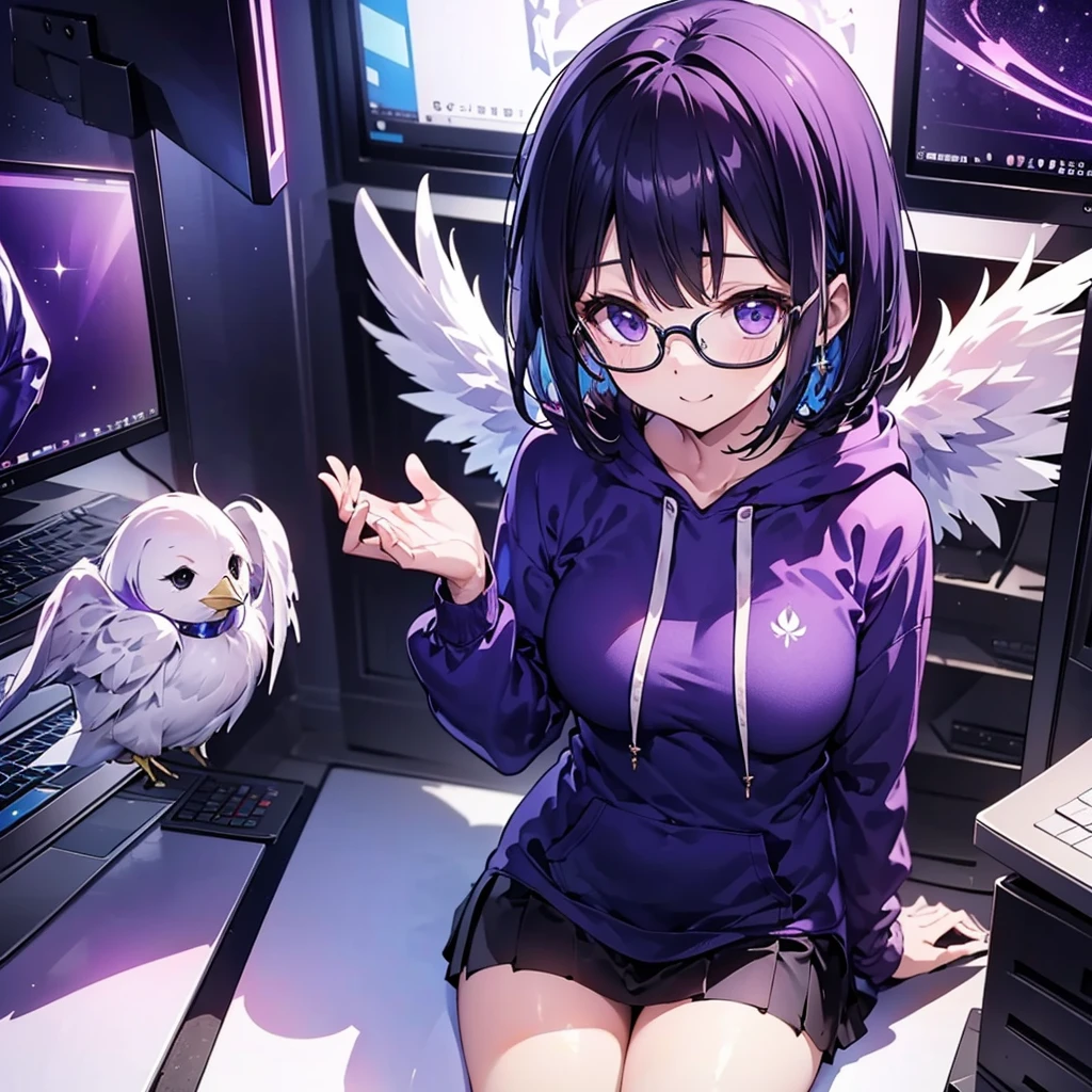 solo1.8、 High Quality、Bird's-eye view from above composition 1 .7、Seiko no Hand 1 .5、A purplish black bob cut 、 sitting on the purple cube in front of the monitor 、black simple hoodie and purple mini skirt 1.6、 with a silver light cube floating in the right hand 1.7、voluptuous0.6、Angel Girl Sandalphone 1 .8、Confident smile without opening her mouth1 .1、black rimmed glasses 1.4、dark room 1 .8