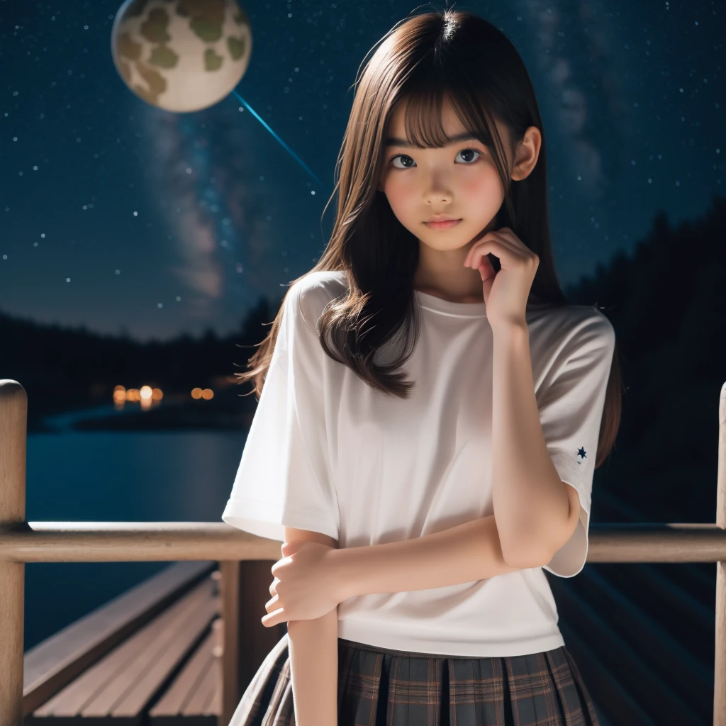 8k,Japanese,6 years old,innocent face,teenage girl,cute,summer clothes,everyday wear,sitting,black hair,on the bed,coastline,hair clip,night view,starry sky