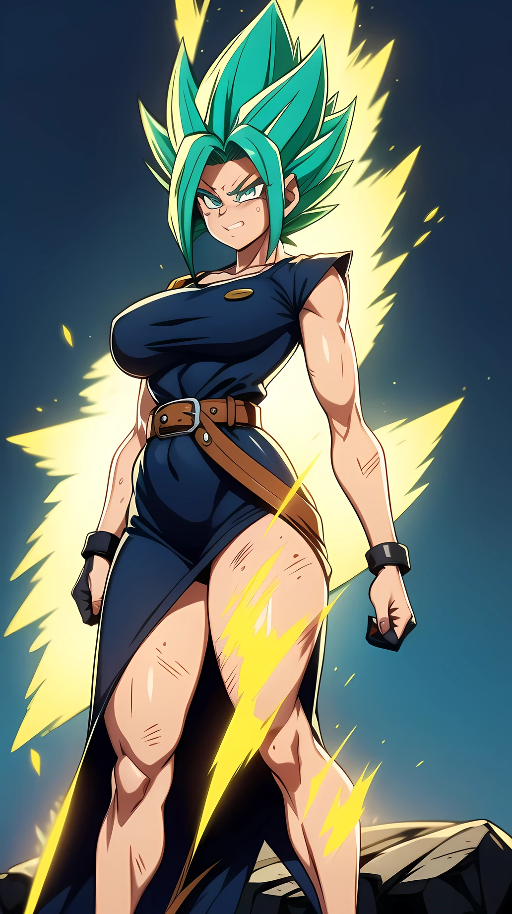 dbsuper style, 
Girl, green aura, super saiyan aura, belt, ocean-green colored hair, huge hair, bruise, bruise on face, clenched hands, frown, Mage's hat, gloves, blue eyes, grey gloves, evil grin, medium breasts, huge muscular, solo, spiked hair, super saiyan, super saiyan 4, mouth opened, furious,  Magician clothes, widow's preak
, ((masterpiece)) 
