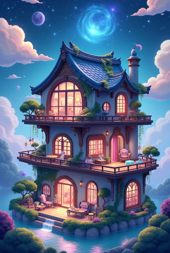 Design me a three-story house with characters in style "Tsuki odyssey", so that you can see all 3 floors with atmospheric furniture