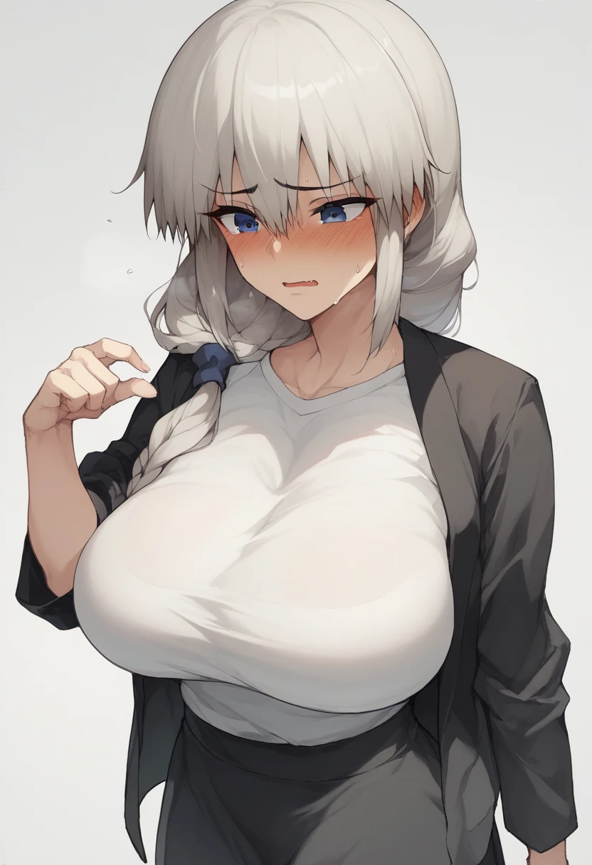   big breasts、blush、sweat、in the heat、  long white hair、Braid、Uzaki_fortune、Separated chest、long and sagging breasts,squeezing her breasts with her hands,
{  highest quality  }, {so beautiful}, { }, {Best illustrations  },life、delgado:1.5、  They're standing  ,of sword、  white shirt、tight black skirt、  black jacket  