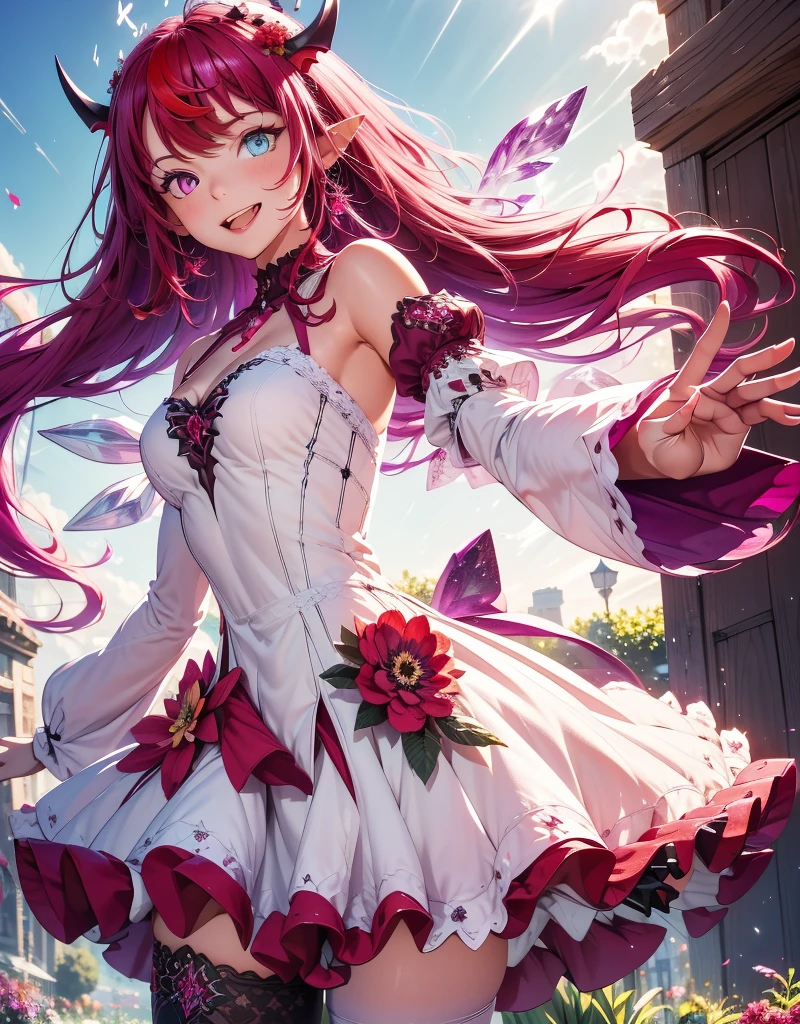 IrysHolo, heterochromia, long hair, double halo, detached wings, white dress, detached sleeves, bare shoulders, flower, purple thighhighs, good anatomy, two arms, two legs, laugh, dynamic pose, (looking at viewer), laugh