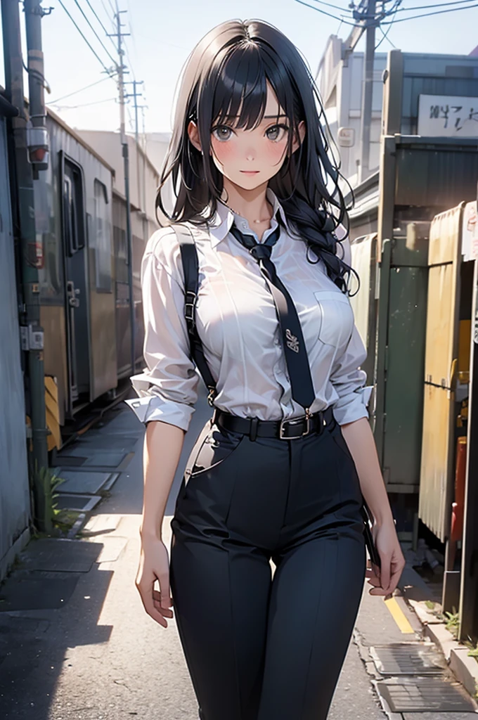  Woman in a Suit , belt, Hands on back,  sweaty,  suspenders,  black pants ,  Big Breasts , see-through clothing, rain, Detective,  office workers,  white button up shirt , ( best quality ,4K,8k, high definition ,masterpiece:1.2), super detailed,(Realistic,photoRealistic,photo-Realistic:1.37), HYPER DETAILS ,High definition face and body, slender　thin　 suspenders　 medium breasts　 see-through shirt 　Nipples　　Lock　pistol　Armament　Criminal　Female Criminal　knife 　 Hands on back　Constraints 程よい胸 黒いマスク
