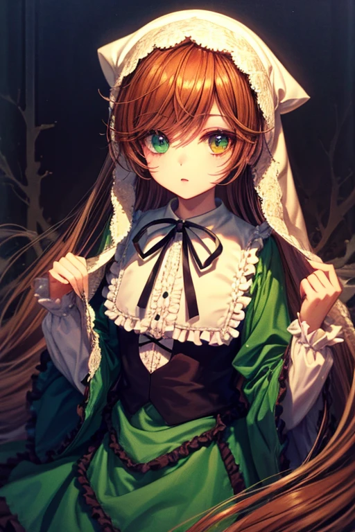 suiseiseki, bonnet,  head scarf,  heterochromia, Green Dress,   neck ribbon ,  twin drill , ((beastery _ style )),   Details,  complicated