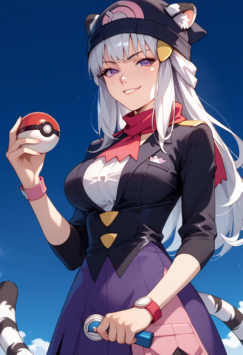 ((masterpiece)), 1girl, solo, long hair, white hair, sly smirk, Dawn's outfit, cruel, sadistic smirk, looking at viewer, mature woman, large breasts, 90s anime style, cute, white tiger tail, white tiger ears, Dawn's hat, holding pokeball, dark hat, black outfit, purple outfit, multicolored outfit, purple eyes.