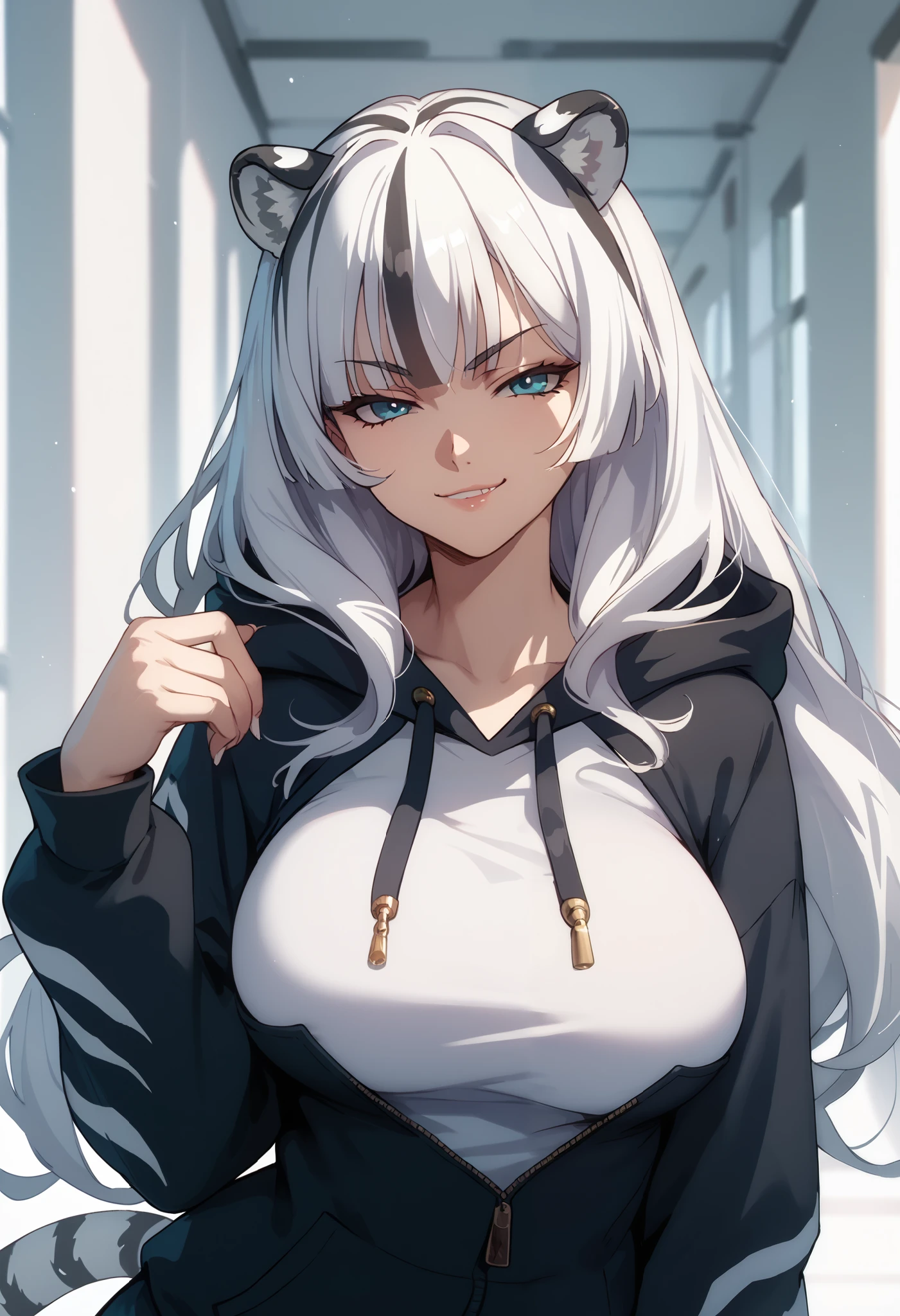 ((masterpiece)), 1girl, solo, long hair, white hair, sly smirk, oversize hoodie, oversize sleeves, cruel, sadistic smirk, looking at viewer, mature woman, large breasts, 90s anime style, cute, white tiger tail, white tiger ears.