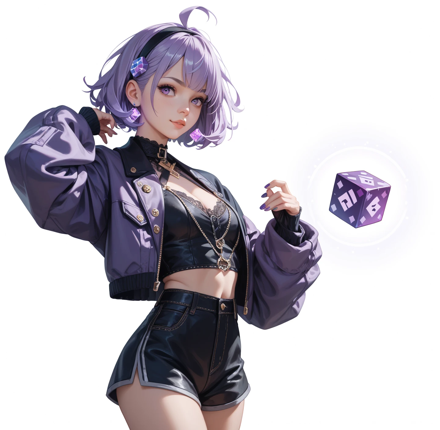 High resolution, Great work, Best quality,  HD models. ,  high details , Glowing purple dice without dots 
Combine two pictures 