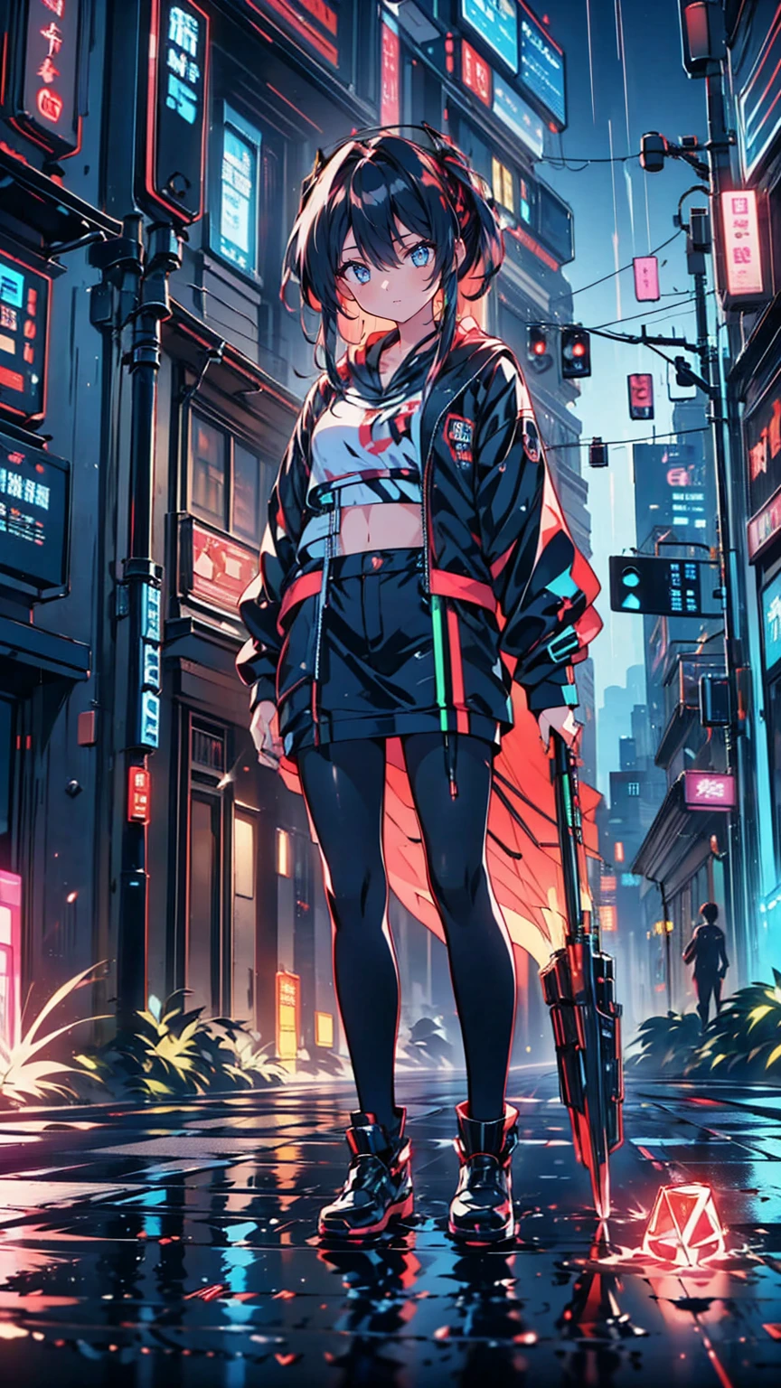 masterpiece,  best quality, Realistic, Scattered beneath the surface, color付き照明, color, red + 黄color + green + Blue limited edition color palette, 詳細な概念shape, Line art, shape,  Cyberpunk,  an 18 year old girl, Fearless,  Robot Companions ,  Urban Armor ,   holding two black handguns ,  Neon Streets in the Rain ,  Hidden Resistance , Neon Umbrellas ,  Cybernetic Enhancement to Encode Messages , (close)