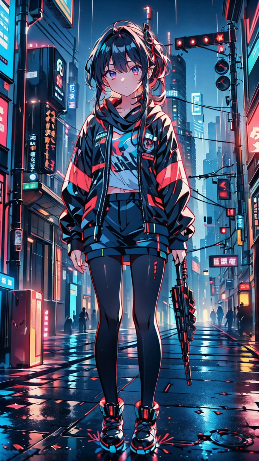 masterpiece,  best quality, Realistic, Scattered beneath the surface, color付き照明, color, red + 黄color + green + Blue limited edition color palette, 詳細な概念shape, Line art, shape,  Cyberpunk,  an 18 year old girl, Fearless,  Robot Companions ,  Urban Armor ,   holding two black handguns ,  Neon Streets in the Rain ,  Hidden Resistance , Neon Umbrellas ,  Cybernetic Enhancement to Encode Messages , (close)