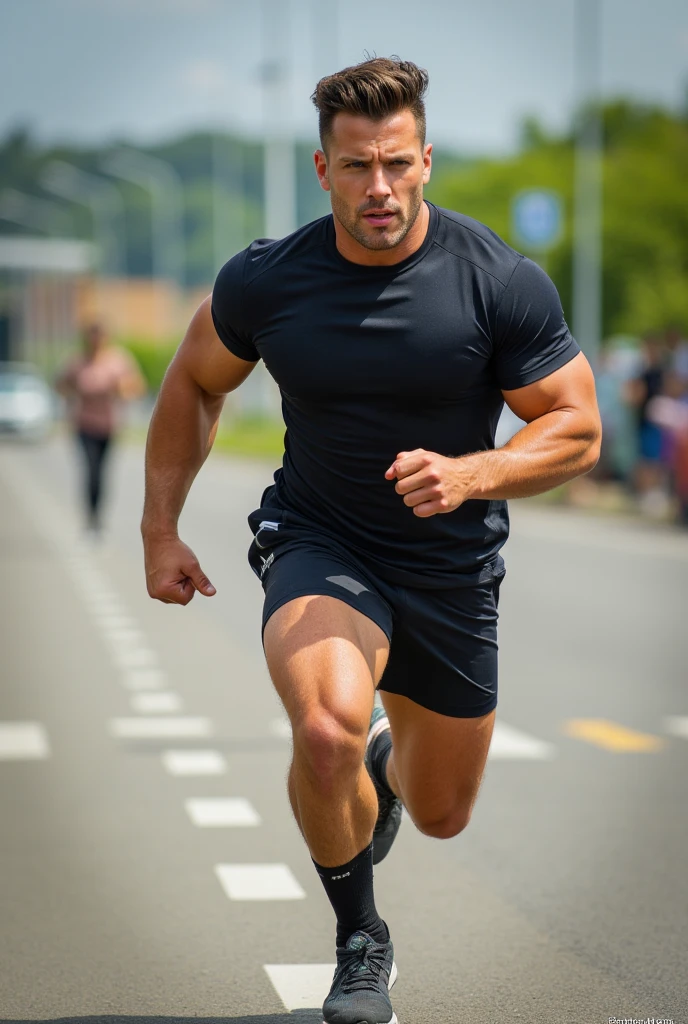 Dog, dog tail, husky, muscular, jogging, fluffy fur, tall, giant, (((big pecs))), handsome, t-shirt, park, smile, (((realistic, 8k, ultra details, masterpiece)))