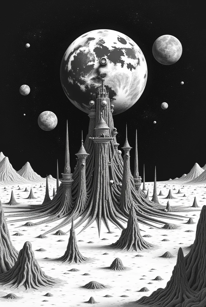 A black and white drawing of a group of objects on the Moon, Complex galactic design, by Bjorn Winblad,  Complex machinery on the Moon ,  inspired by Takashi Murakami , A fantasy painting made with fractals, Official illustrations, Star pattern, Floating planets and moons, Black and white coloring, Inspired by Bjorn Winblad、Dark Side of the Moon、A huge base filling the surface of the Moon