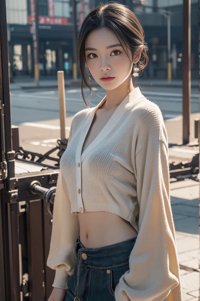 In detail, High resolution, high quality、Perfect dynamic composition, Beautiful attention to detail, Medium Hair, 、Natural color lip,Kamimei、Shibuya Ward、20-year-old girl、1 person、Clear Skin、Shiny Hair、Tabletop, 最high quality, figure, Very detailed, In detail, High resolution, 8k、The correct state of the human body、squat、Standing pose、Place one hand on hip、Full body photo、Hair dancing in the wind、Oversized off-the-shoulder sweater、Her breast size is E cup