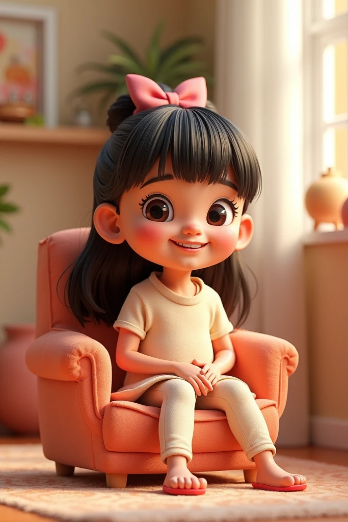 Cartoon close-up、Pop Surrealism、Realistic painting、Detailed anime soft face、cute漫画のキャラクター、cute漫画スタイル、cute漫画、cute!length、Straight black hair、Asian、What a beautiful smile!、4-year-old、Jeans on a t-shirt、Sitting in a chair