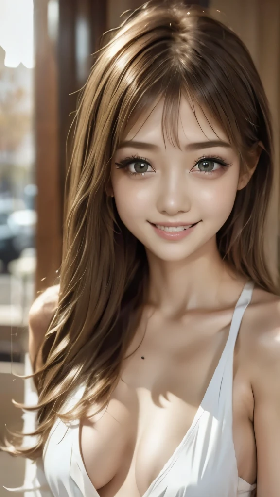 (Photorealistic:1.4), highest quality, 8k, nsfw, (she looks just like gemma ward:1.4), catwalk during fashion show, (flat chest:1.4), (nip slip:1.2), (white tube top), cleavage, clear face, straight hair, looking at viewer, front view, upper body, (spot light),blurry background, sweat