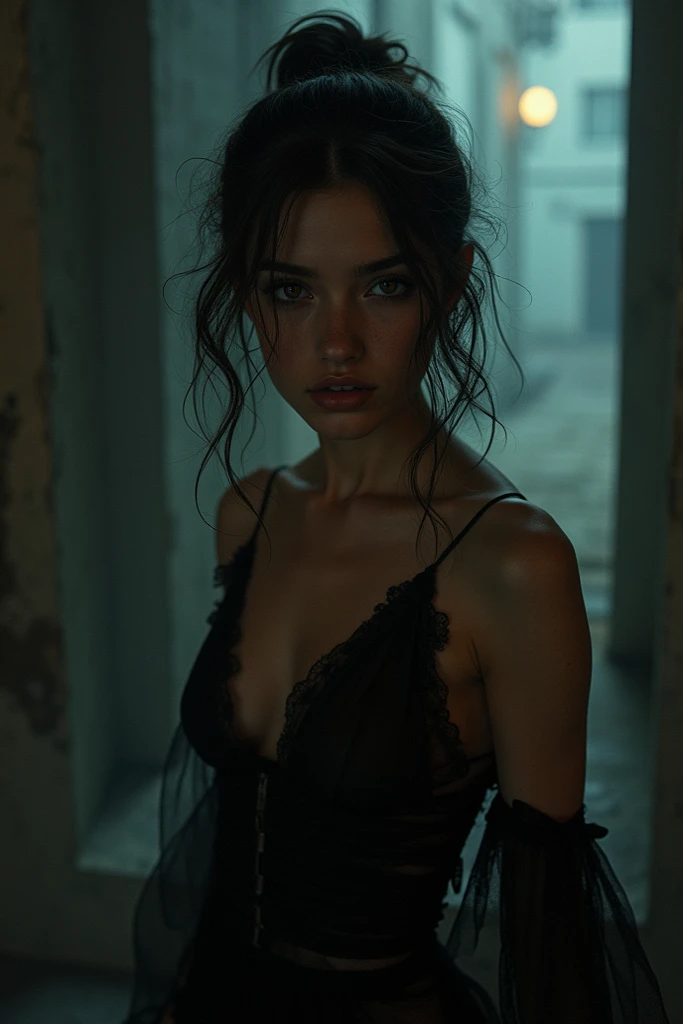 Natural light, masterpiece, Very detailedな,Absurd,Highest quality,Very detailed,Detailed face,Particles of light, Lighting, (Very detailed:1.2),(Detailed face:1.2), (Gradation), software, colorful,(Big eyes:1.2),Underground Prison,Lace bra with ribbon,,(((slim, Tight waist, Thin thighs,Thin arms,Very small breasts))),((Exquisite details of tight panties)),((Leaning forward,Buttocks seen from below)),European laces,Full Body Shot、Gray background、