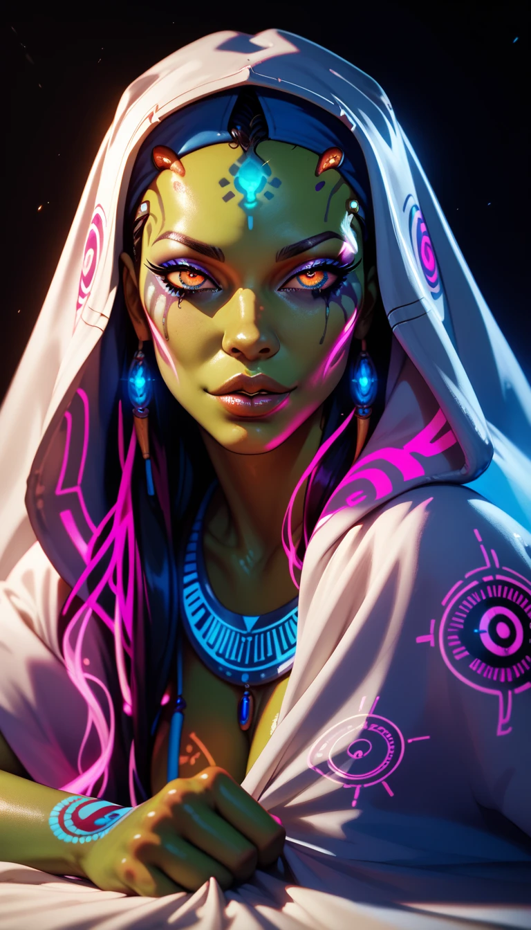 Ancient Extraterrestrial Creature, Alien Being, ((Non-Human)), Female seductive Alien, colorful skin, Revealing Glowing Biopunk, Holographic Alien Tribal, Tribal Alien Priestess, Glowing Makeup, Blacklight, Glowing, Seductive Alien Technology, Black Background, Character Design Sheet