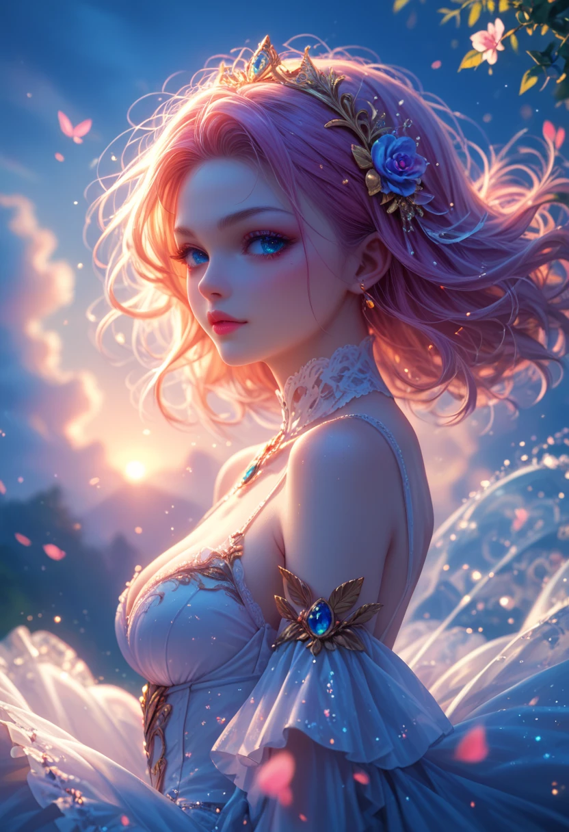 digital illustration style, book cover, incredibly detailed, 1girl, rainbow hair, kimono, summer time, heterochromia, looking_at_viewer, short_hair, solo, foggy future cinematic lighting, wlop, art by artgerm, anidzk2