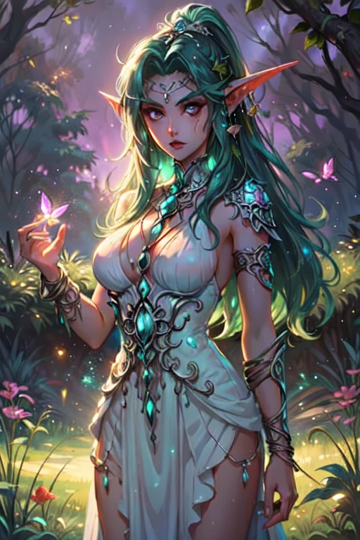 tyrande whisperwind, elegant elf woman, beautiful, high definition artwork, realistic, tiefling woman, 1girl, black dragon horns, black dragon tail, outdoors, nature, plants, demon horns, soft colours, soft colors, high detail, white revealing dress, high detailed face, beautiful face, gentle, tiefling horns, sheer dress, glowing eyes, magical