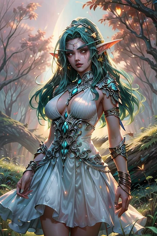 masterpiece, Highest quality, Very detailed, High resolution, An expensive solution, High resolution, masterpiece, depth, Fine texture, Highest quality, Total concentration, (very pretty anime Elf Girl), (Beautiful Gothic Elf Woman, Young Elves, Elf Girl, pretty girl, Young girl),Has horns on its headがある, Grin, smile, (A chic dress with beautiful details, Fluffy long sleeves, ), Red Eyes, Long eyelashes, Low angle shot、eyeliner, Tight waist, ( Dark green hair), (Light Hair, Long Hair), bangs, Gradient Hair), Shiny Hair, Forest as a background, Fantasy art, High quality detailed art, A fusion of realism and colorful fantasy, Gothic art style, Fantasy art style, a beautiful fantasy Young Elves, CGI anime Fantasy artwork, charm, Seductive posture, Vibrant colors, 自信に満ちたsmile, gentle smile, Beautiful attention to detail, Beautiful lip detail, Very detailed目と顔, Long eyelashes, Vibrant colors, Professional, Very detailedな, Intricate details, Volumetric lighting, Lens flare, particle,(White and platinum color scheme), mysterious, mysteriousな.Has horns on its head
