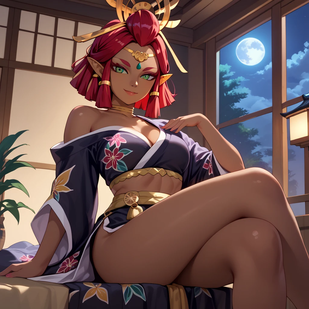 masterpiece:1.2, best quality, (highly detailed:1.2), (detailed skin),  aaRiju, dark skin, green eyes, red hair, midriff, black dress, 1girl, solo,  girl, solo, closed mouth, light smile, yukata, purple kimono, open kimono, breast, sitting, crossed legs, looking at viewer, indoors, window, night, moon