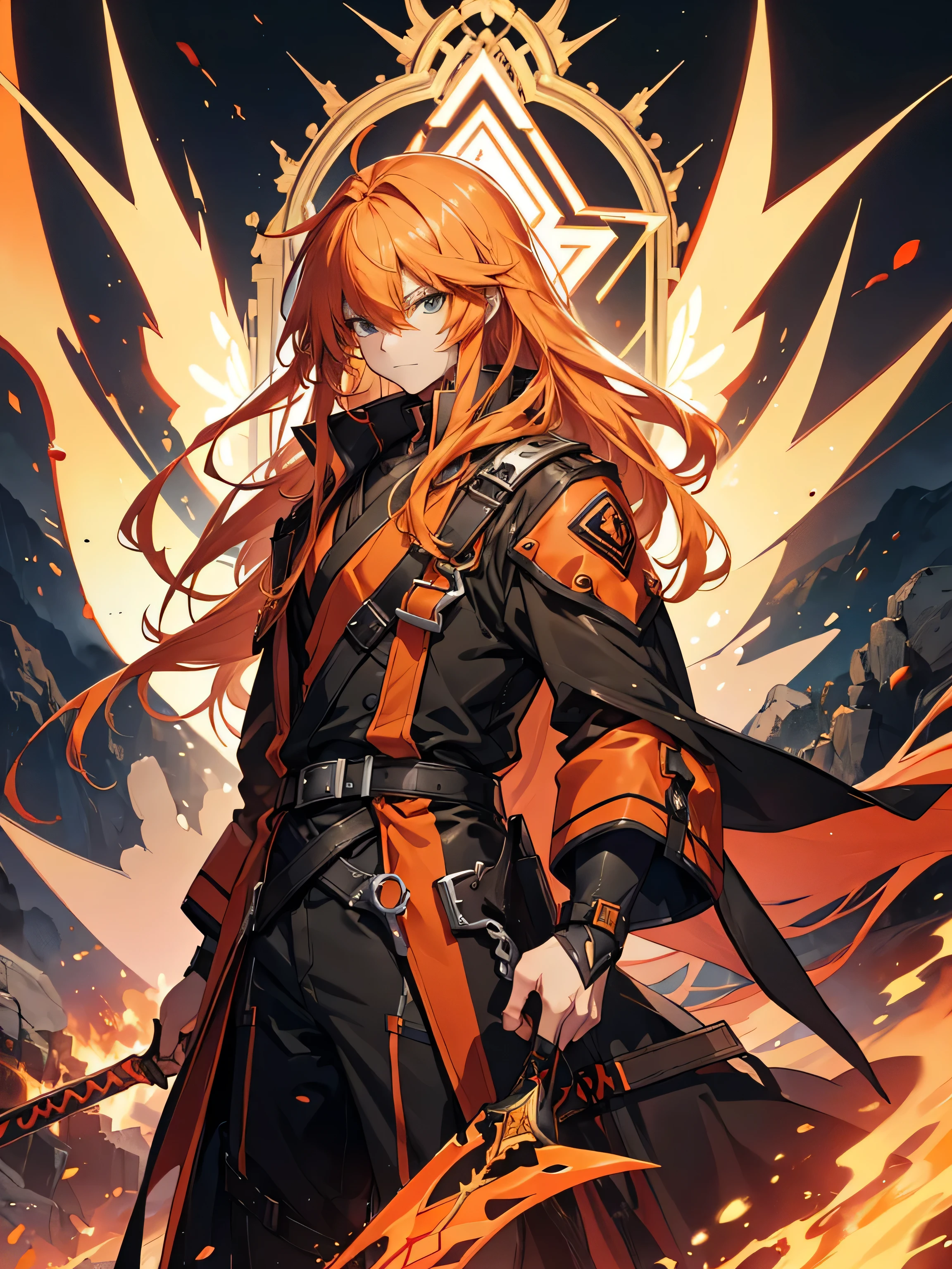 GUILTY GEAR, {{{{{Illustration of a person}}}}, {{{ orange battle coat}}}, Orange and black outfit ,  long brand hair,  straight hair ,  long bangs  ,  close your mouth and laugh , ４０age,  handsome, Narrow green eyes ,  Official Art、  best quality、  Unity 8K Wallpaper 、32K、masterpiece、 super detailed, Male nose, Male Eyes  , Male outline  , {{{ carrying a large red sword }}}, Fighting in the old battlefield ,  acrobatic poses,