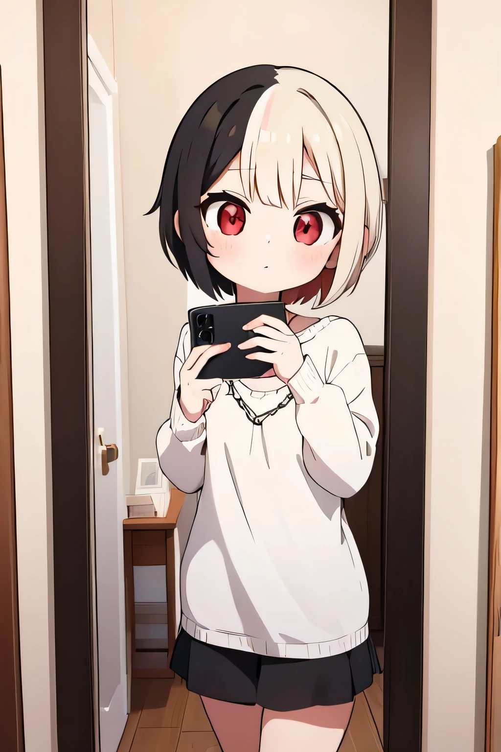 A young Loli girl, red eyes, short split color hair one side black and the other light blonde, taking a selfie in a mirror
