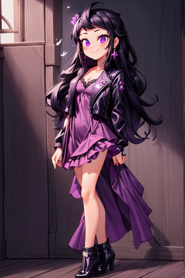 (Masterpiece, best quality) 1 girl, black hair, medium long hair, purple eyes, standing indoors with intricate details and sunlight. Purple frilled dress with short neckline, dark black biker jacket vest, black heels, cross earrings. Sweet smile, sexy pose, coquette, beautiful legs, mature body, gorgeous, pronounced breasts