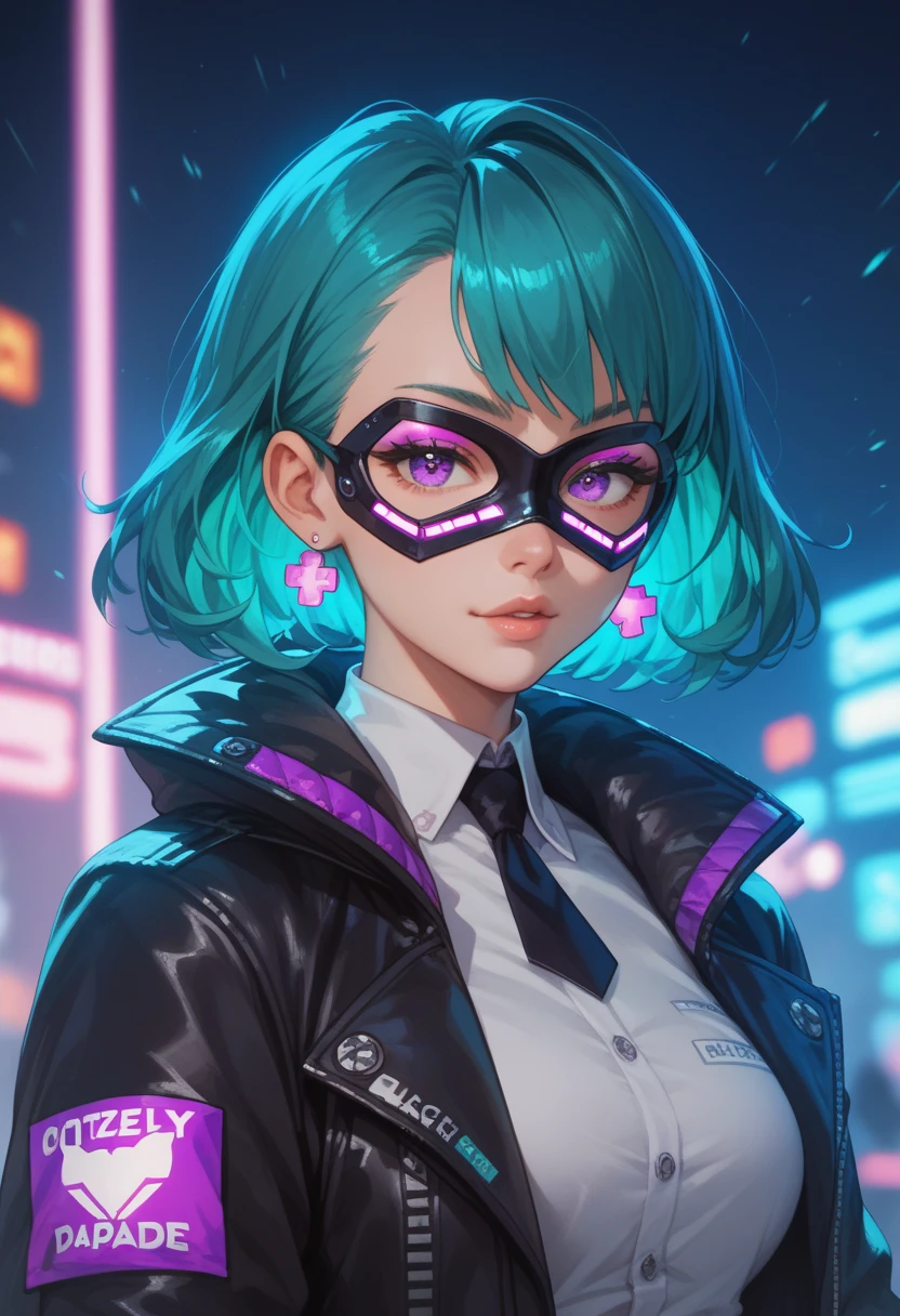 sleek twink with medium-length teal hair and a glowing pixel mask, wearing a dark jacket with neon purple trims, anime-style, with glitchy arcade lighting effects in the background