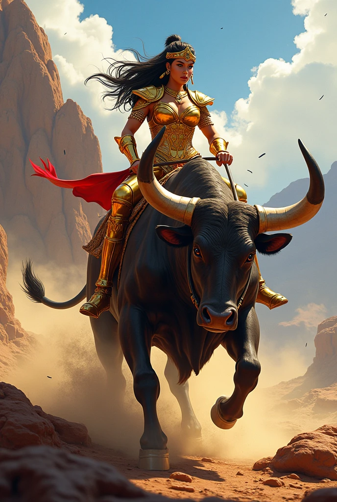 A Thai female warrior with short black hair, wearing red and gold armor, holding a large red and gold hammer, riding a red bull.