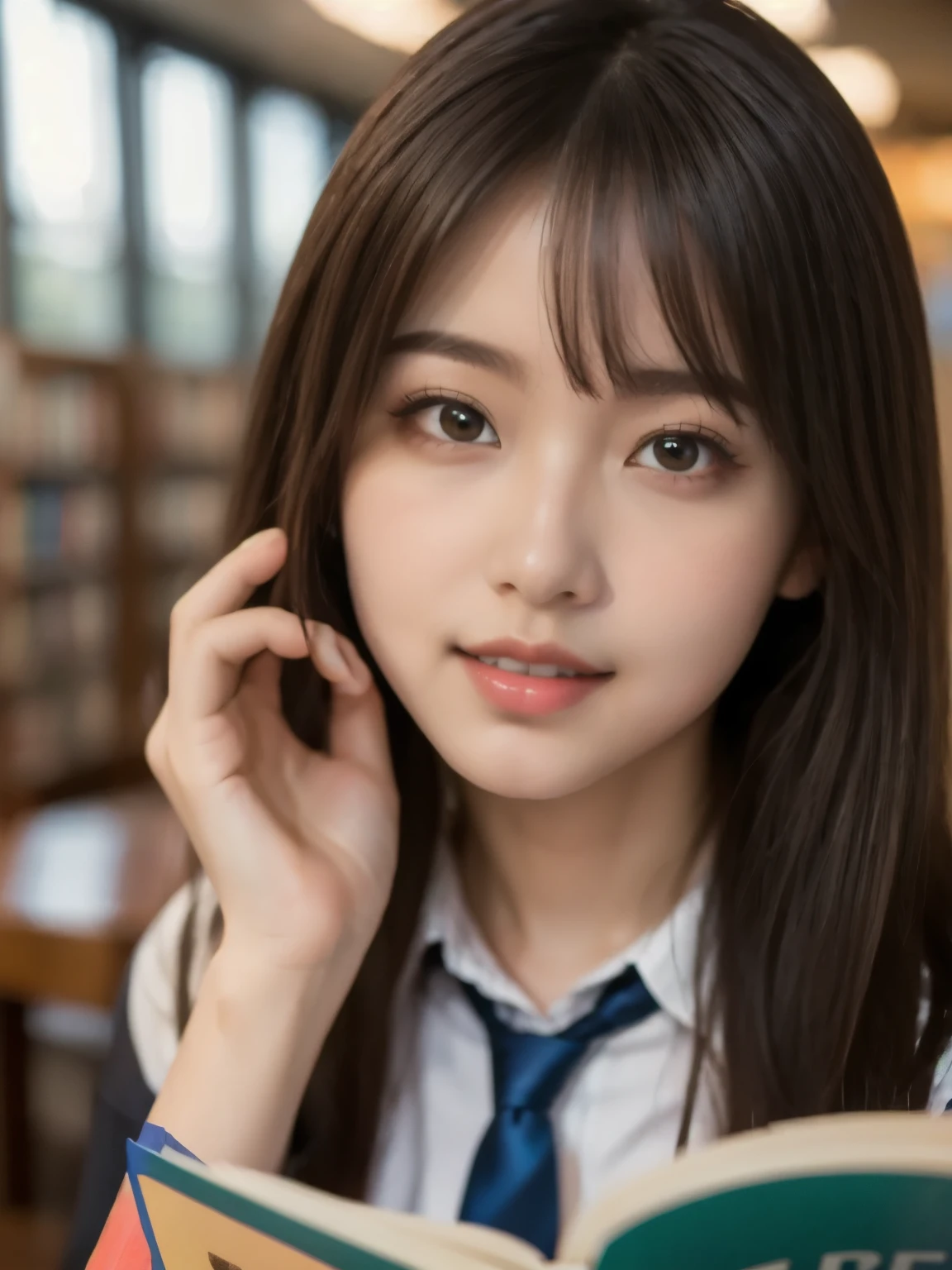 8k、 best quality、Ultra Wide Angle Monofocal Lens 、(Representative Works:1.2)、( real)、( real:1.37)、One high school girl、 reading a book、Thin eyebrows、 Libraries 、HDR、( high school uniform )、 Perfect Body 、 Gravure Shooting 、Perfect Fingers、Beautiful Skin、 professional lighting、Face and skin detail、Microparticles、 RAW Photos