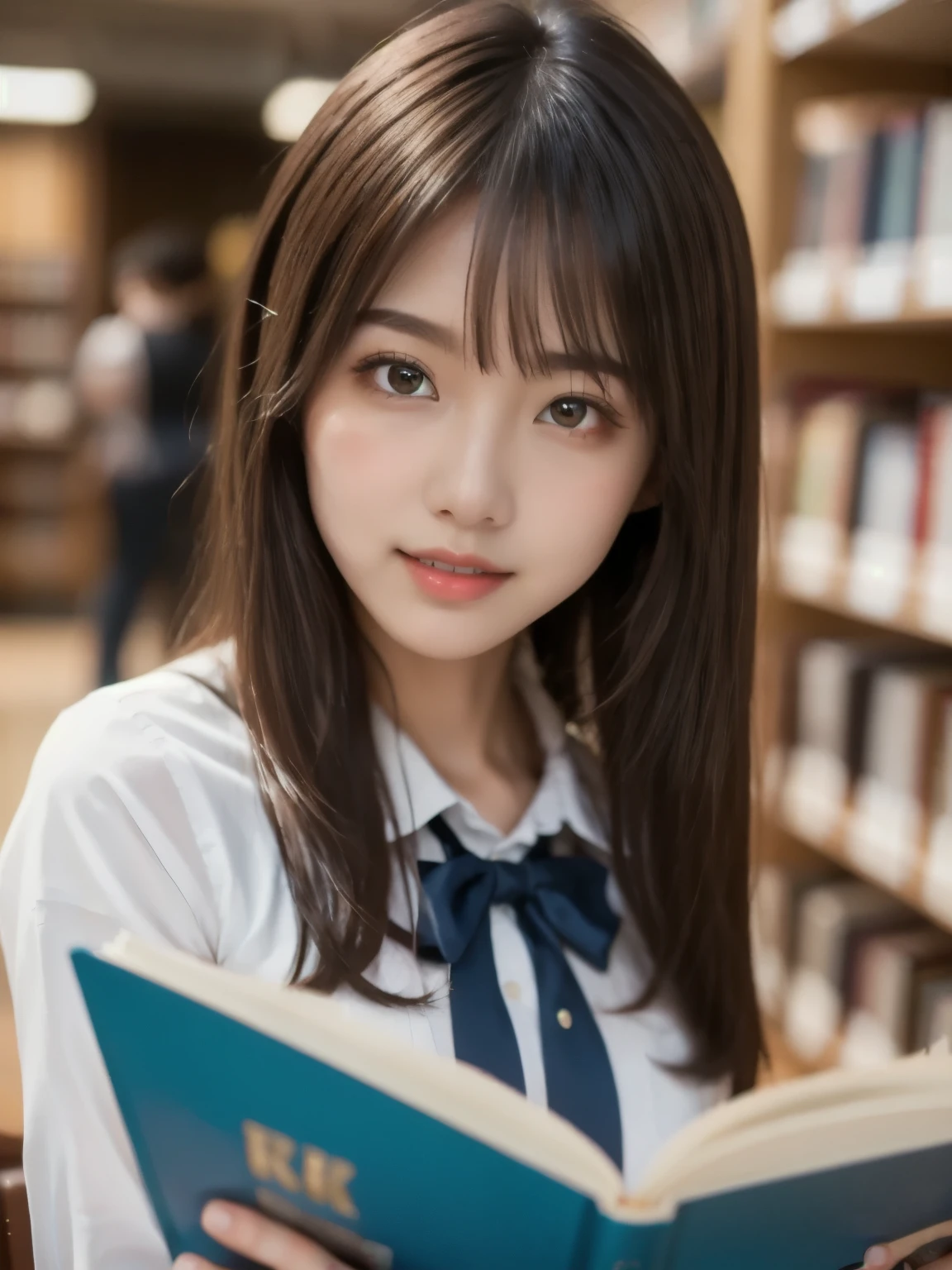 8k、 best quality、Ultra Wide Angle Monofocal Lens 、(Representative Works:1.2)、( real)、( real:1.37)、One high school girl、 reading a book、Thin eyebrows、 Libraries 、HDR、( high school uniform )、 Perfect Body 、 Gravure Shooting 、Perfect Fingers、Beautiful Skin、 professional lighting、Face and skin detail、Microparticles、 RAW Photos