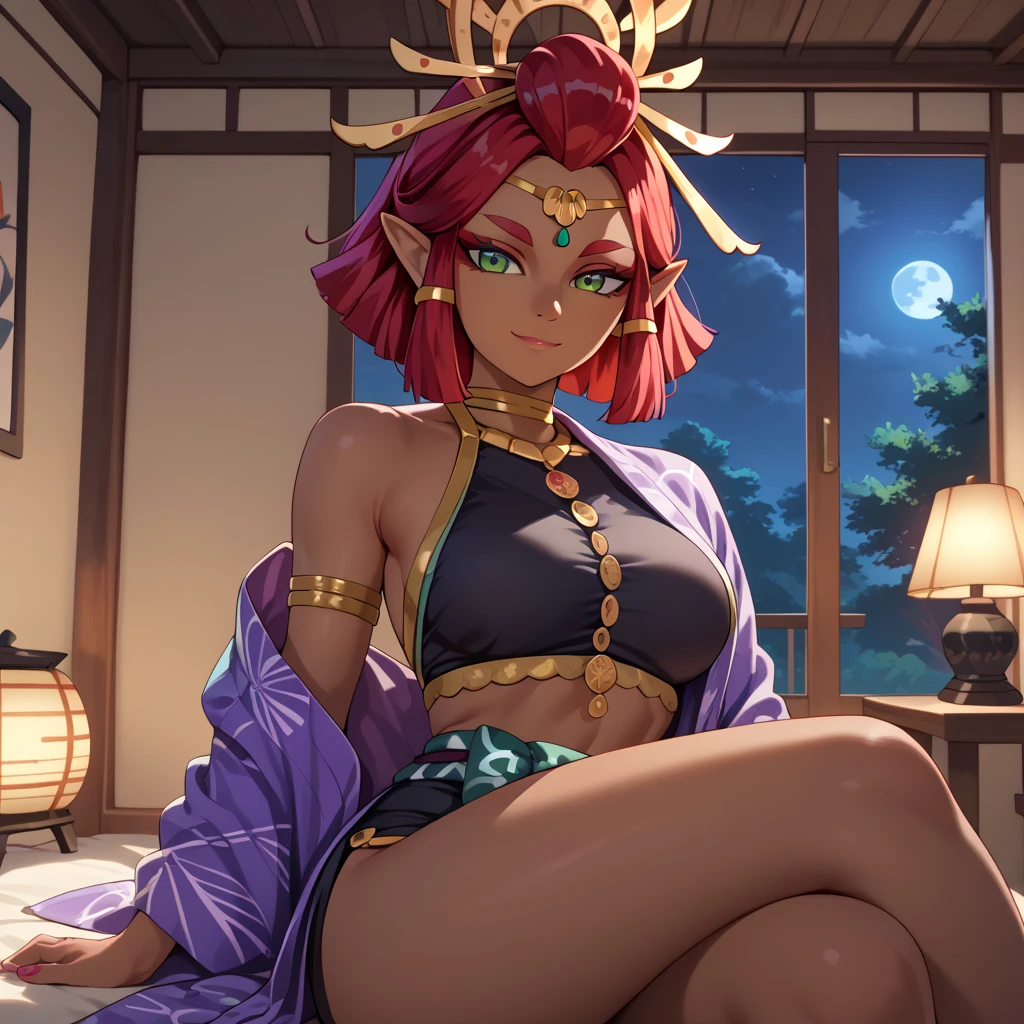 masterpiece:1.2, best quality, (highly detailed:1.2), (detailed skin),  aaRiju, dark skin, green eyes, red hair, midriff, black dress, 1girl, solo,  girl, solo, closed mouth, light smile, yukata, purple kimono, open kimono, breast, sitting, crossed legs, looking at viewer, indoors, window, night, moon