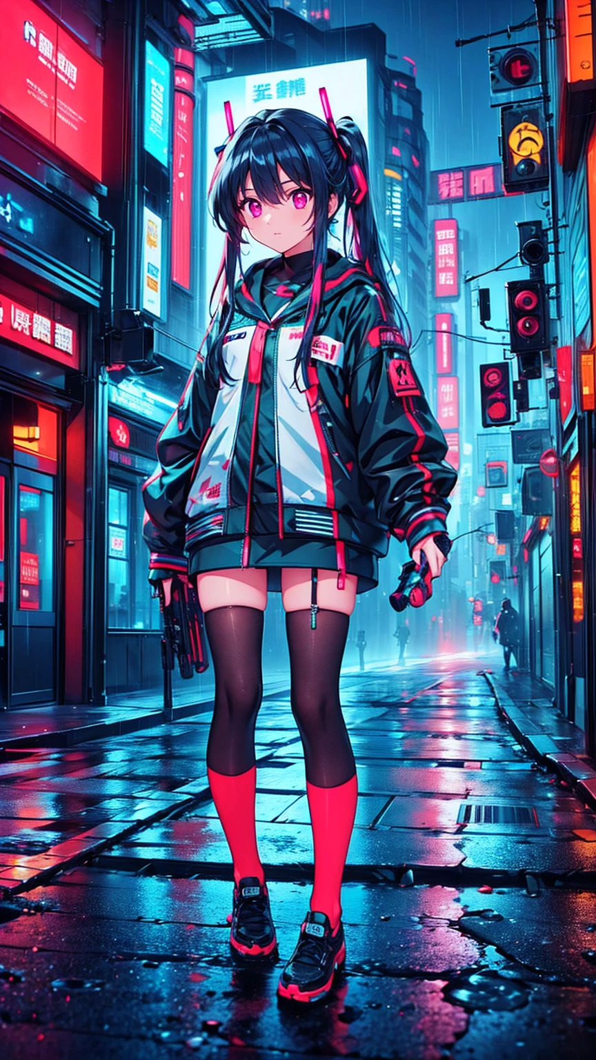 (Masterpiece, best quality), 1 girl, black hair, glasses, cyberpunk, alone, high waist, sexy appearance