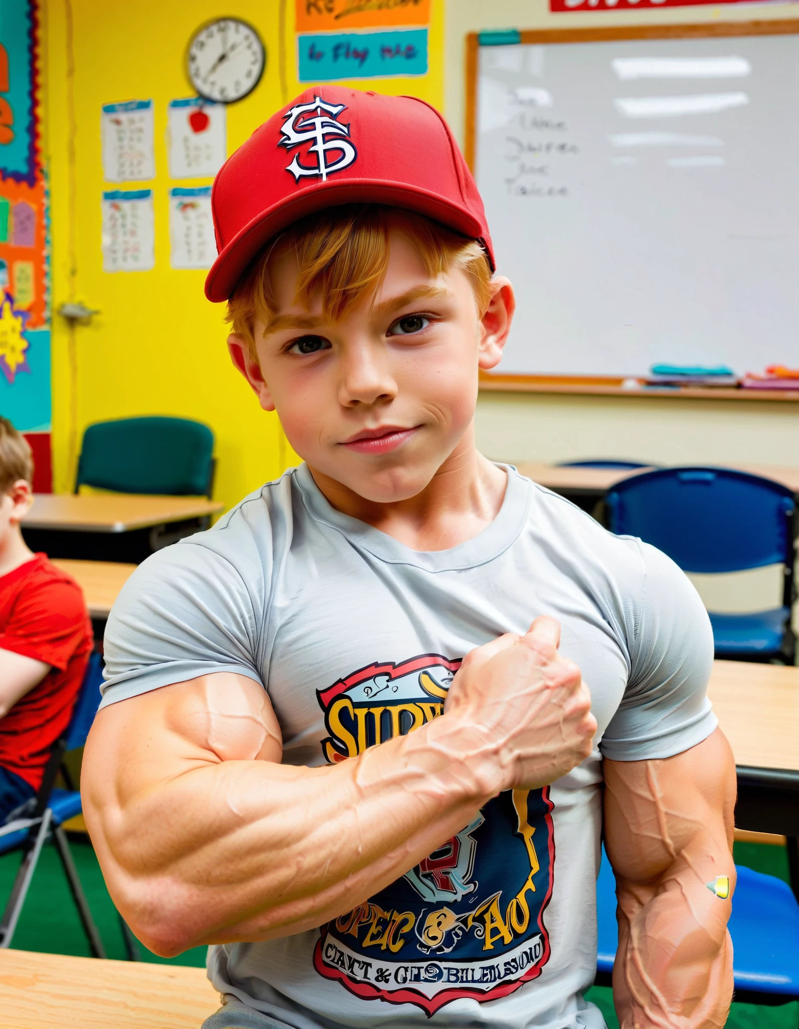 A photo of a super dumb young 11 years old male teenager bodybuilder Innocent face idiot expression super muscular blonde redhead handsome dumb face roided giant muscles full kindergarten kid classroom wearing a super tight shirt tight biceps flexing giant ever muscles erect cock penis pale tattooed baseball cap smirk toddler
