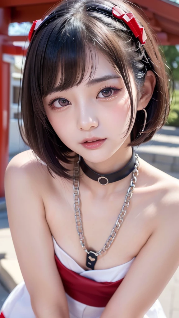 triangle-bikini,(open mouth:1.5),(tongue out:2),Kneeling,Hands between legs,Collar with leash,front view,face focus,from above(1girl,Beautiful 14 year old girl,ager),((Slender,Small breasts,Small face,)),(looking at viewer),Black Hair,bangs,straight,Beautiful and detailed,garden