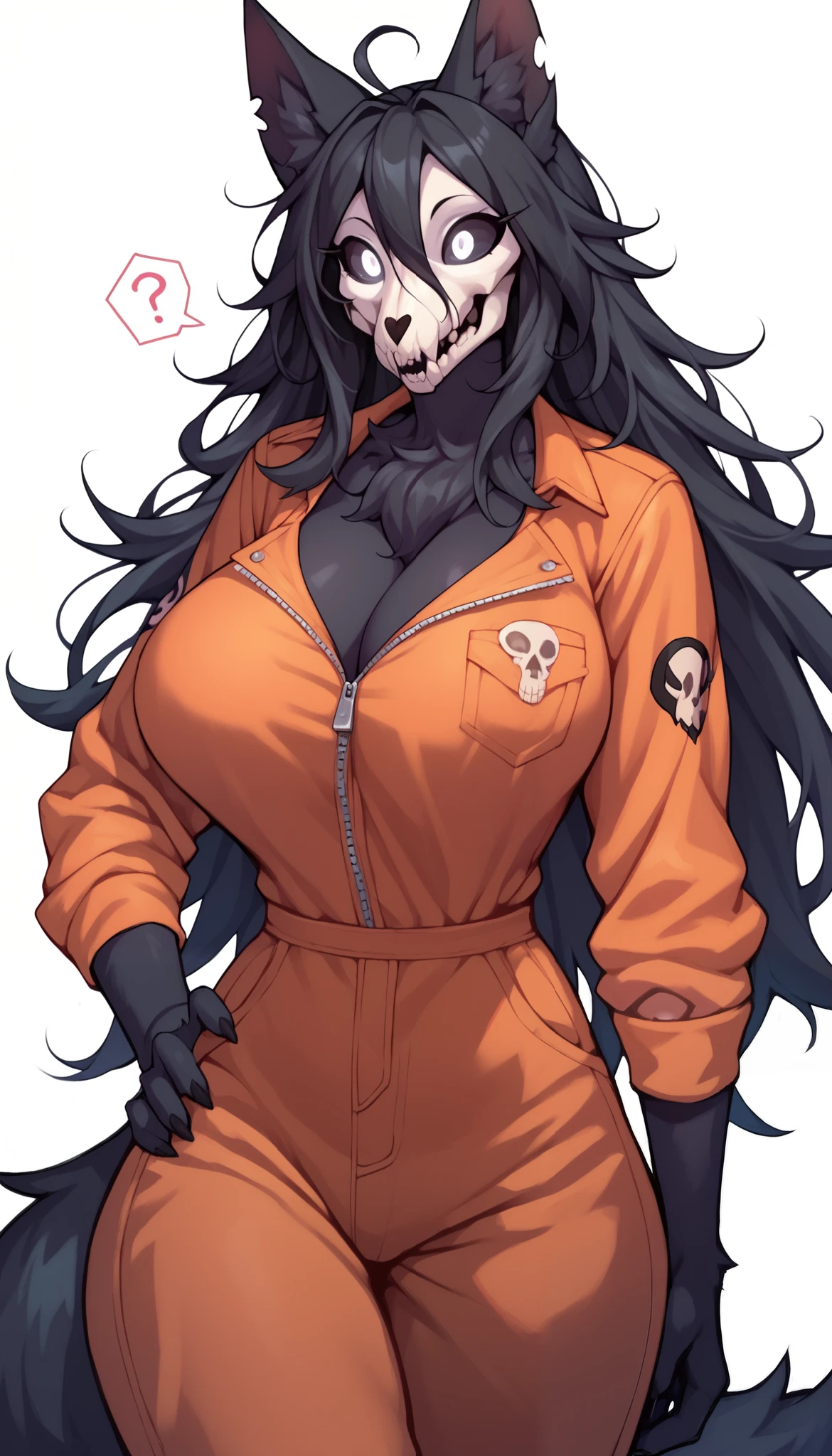 score_9, score_8_up, score_7_up, score_6_up, BREAK, MaloSCPXL, anthro furry, furry female, body fur, black fur, head skull, white eyes, glowing eyes, black sclera, black hair, long hair, hair between eyes, animal ears, black tail, large breasts, orange jumpsuit, solo, standing, looking up, white backgrounds,surprised face,question mark