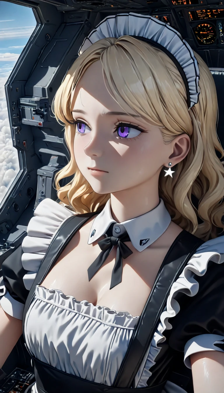 (( best quality)), ((masterpiece)), (  Details),  perfect face, (( best quality, 8k, masterpiece: 1.3)),  sharp concentration, Highly   Details face and skin texture,  detail eyes,  Light Blonde , Shoulder length,  wavy hair,  star earrings,  Ruffled Maid Outfit, White collar,  high definition , textured skin, Anime Style,  Maid Boarding a Fighter , Maid as a Pilot , Inside the cockpit, air force,  flying above the clouds 