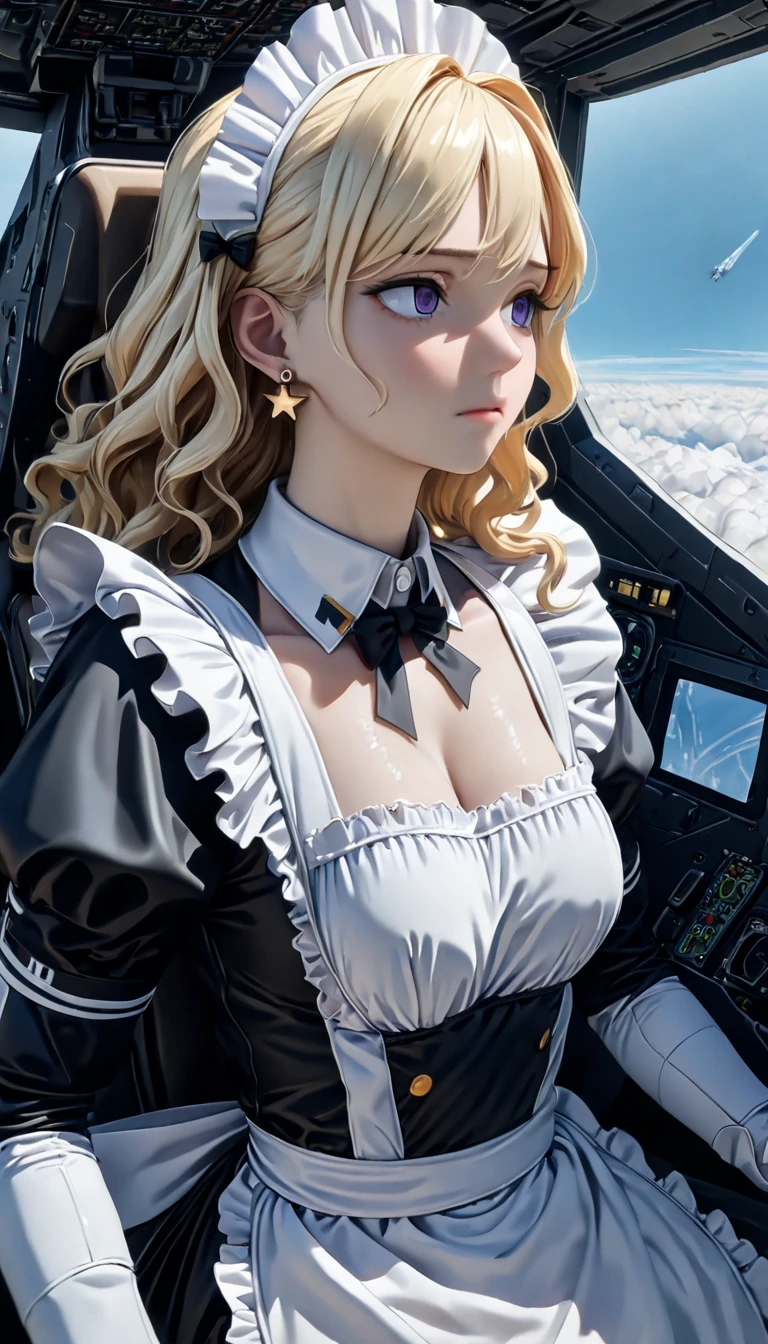 (( best quality)), ((masterpiece)), (  Details),  perfect face, (( best quality, 8k, masterpiece: 1.3)),  sharp concentration, Highly   Details face and skin texture,  detail eyes,  Light Blonde , Shoulder length,  wavy hair,  star earrings,  Ruffled Maid Outfit, White collar,  high definition , textured skin, Anime Style,  Maid Boarding a Fighter , Maid as a Pilot , Inside the cockpit, air force,  flying above the clouds 