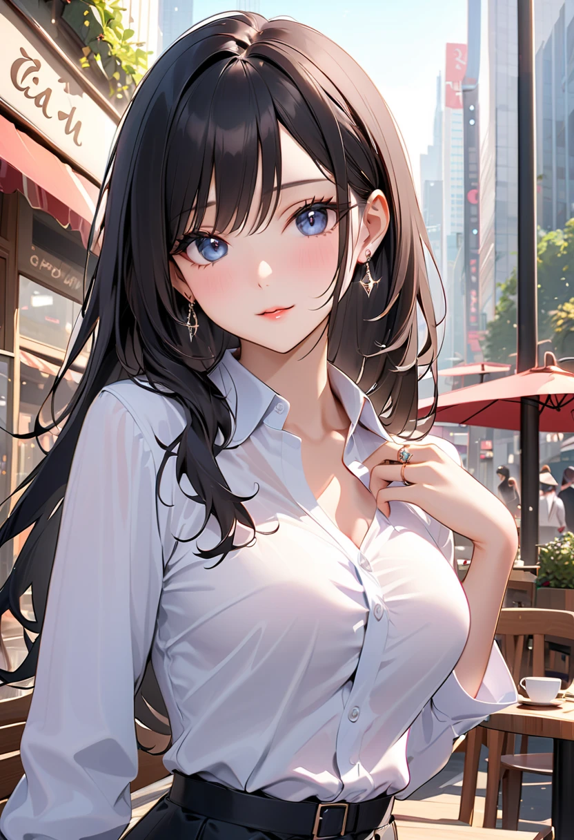 ((Night in the City、Highest quality、masterpiece、High resolution))、(((Zoom photo of upper body、Wet body、Wet Hair)))、(A shy smile:1.2)、15-year-old female、Beautiful Skin、Beautiful Eyes、Large Breasts、Cat Ear Headband、Black Dress、Black Hair、Wavy Hair、Shorn bangs
