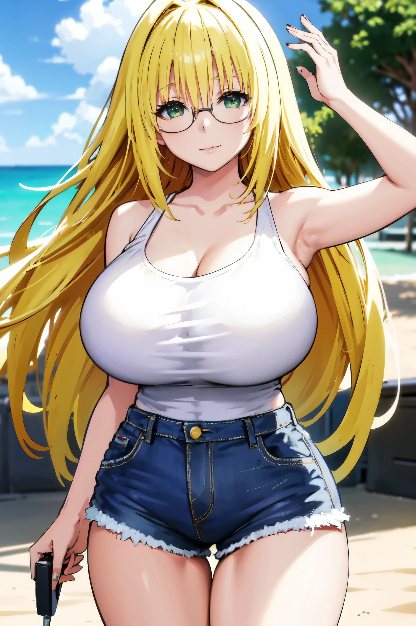 blonde hair, very huge tits , (( white tank top, short pants jeans)), ((glasses))), thick, busty, green eyes, long hair, upperbody, smile, legs, thigh, at beach, sky