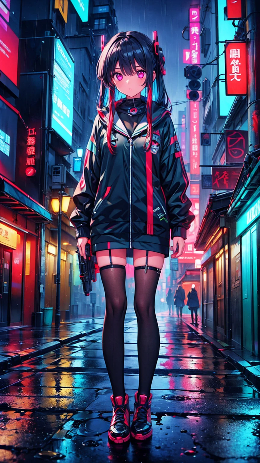 masterpiece,  best quality, Realistic, Scattered beneath the surface, color付き照明, color, red + 黄color + green + Blue limited edition color palette, 詳細な概念shape, Line art, shape,  Cyberpunk,  an 18 year old girl, Fearless,  Robot Companions ,  Urban Armor ,   holding two black handguns ,  Neon Streets in the Rain ,  Hidden Resistance , Neon Umbrellas ,  Cybernetic Enhancement to Encode Messages , (close)