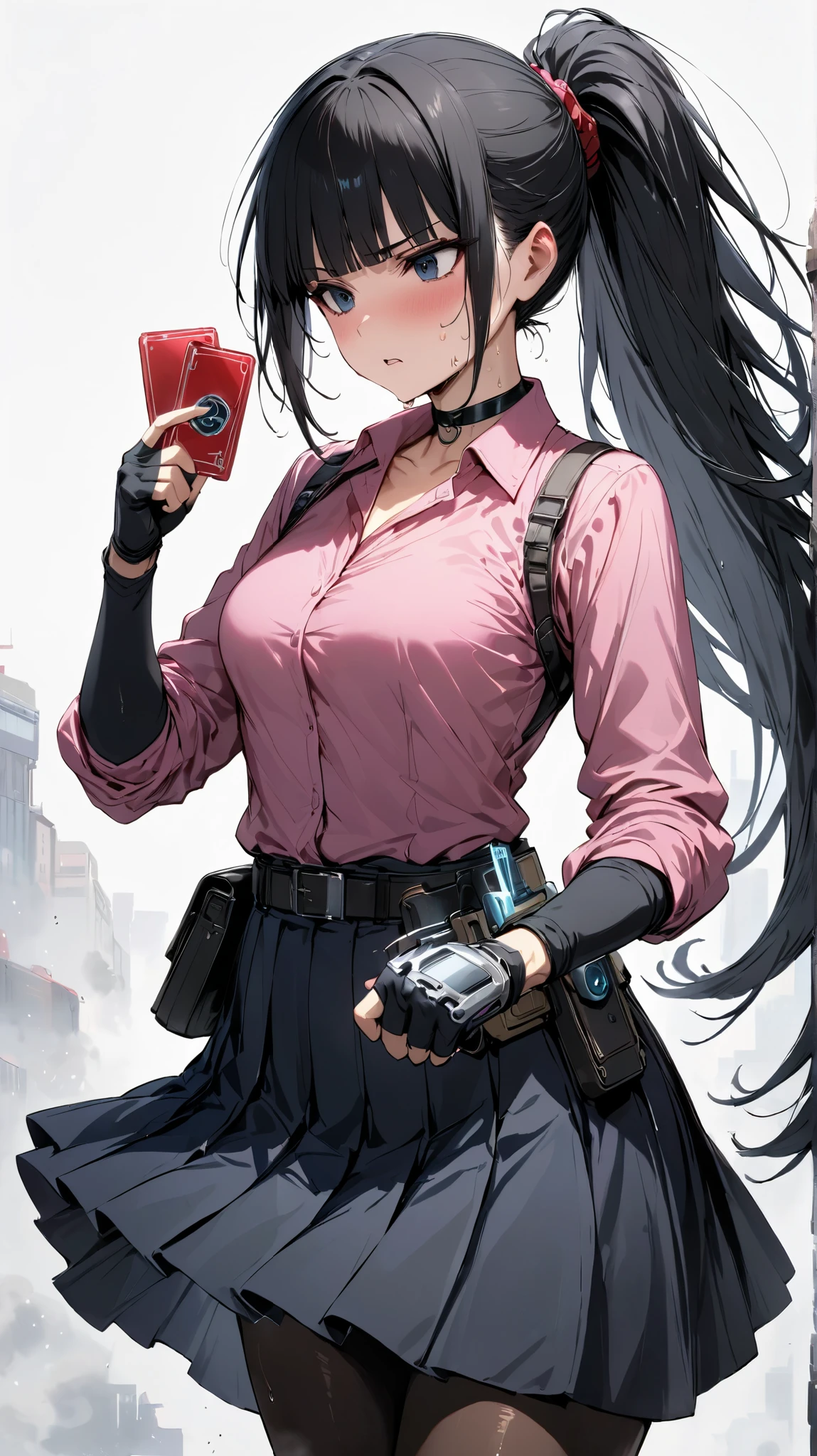 from below,Machine's card-operated police notebook.Card-type machine transformation tool,holding a crad in her hand,,Grab the card with your fingers. hands holding card, cowboy shot, Female detective before transformation,skirted tokusatsu heroine before transformation, holding a card-shaped transformation tool,, {{masterpiece}}, {{{Highest quality}}},{{Very detailed}},,black hair ,long hair, blunt bangs,,Beautiful thighs,Black pantyhose,Sweat, tension,black skirt,Medium breast,fingerless gloves,pink blouse,Small breast, holster,choker,ponytail,(((white background))),