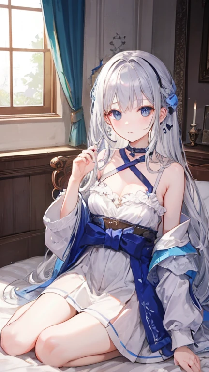 ((highest quality)), silver hair、woman、long hair、night、sleep、bed、fluffy、ephemeral，Shrine Room