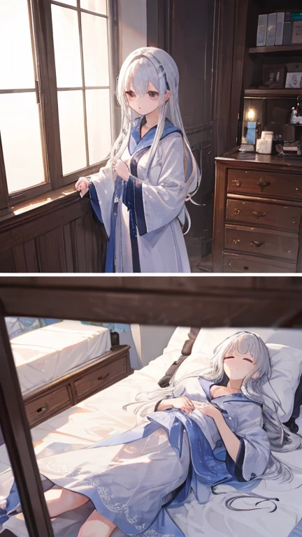 ((highest quality)), silver hair、woman、long hair、night、sleep、bed、fluffy、ephemeral，Shrine Room