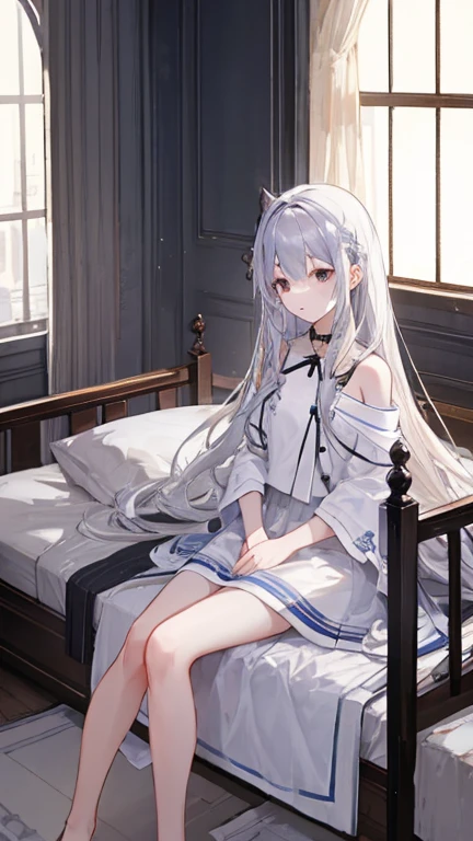 ((highest quality)), silver hair、woman、long hair、night、sleep、bed、fluffy、ephemeral，Shrine Room