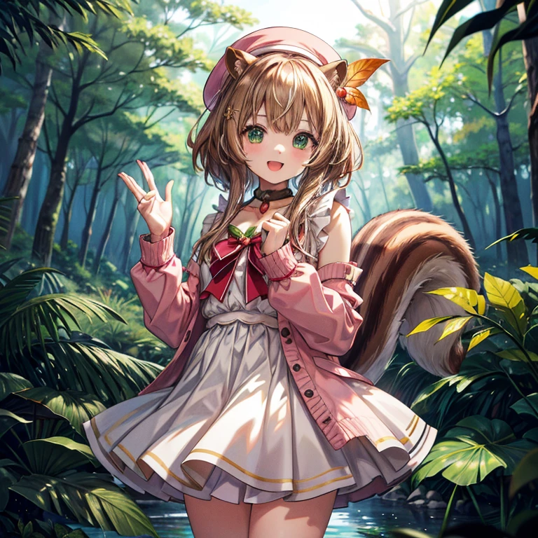 (( best quality)), ((masterpiece)), (  Details), ( ultra high resolution)、 Ayundalis
(Squirrel Girl 、Squirrel Ears、squirrel tail 1.1 )、
Beret、Leaf hair ornament、 pink cardigan 、 white dress、 red ribbon、 choker、Acorns、
 perfect face、超 Detailsな肌、(Perfect Fingers、Perfect hands)、 perfect body、
 Smile with Open Mouth 、whole body、 standing、Wave、( cowboy shot 1,3)、
In the bright forest、 professional lighting、８k、