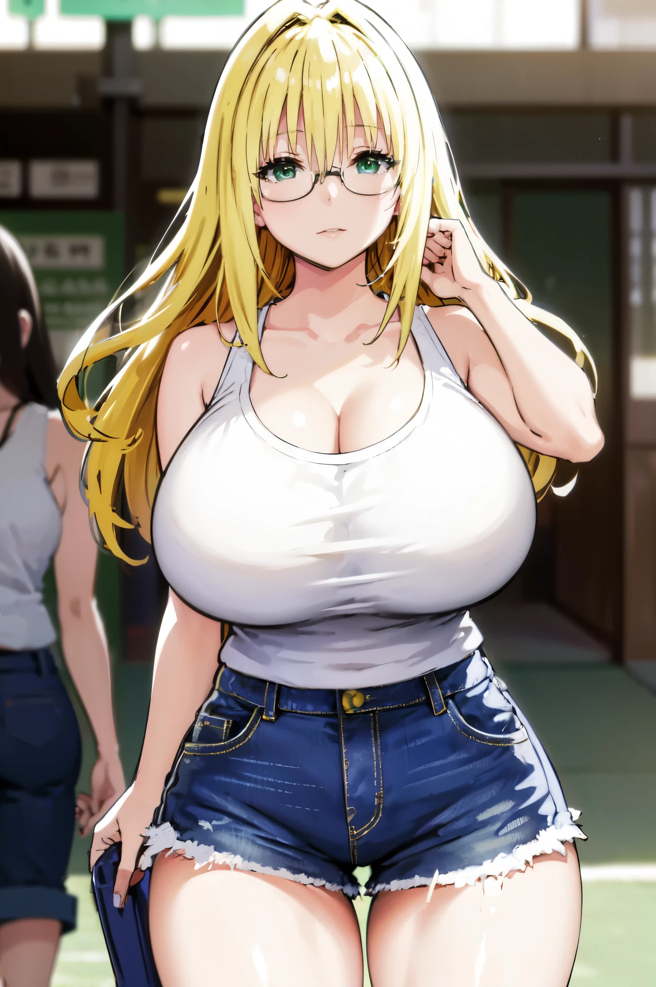 blonde hair, very huge tits , (( white tank top, short pants jeans)), ((glasses))), thick, busty, green eyes, long hair, upperbody, smile, legs, thigh, at beach, sky