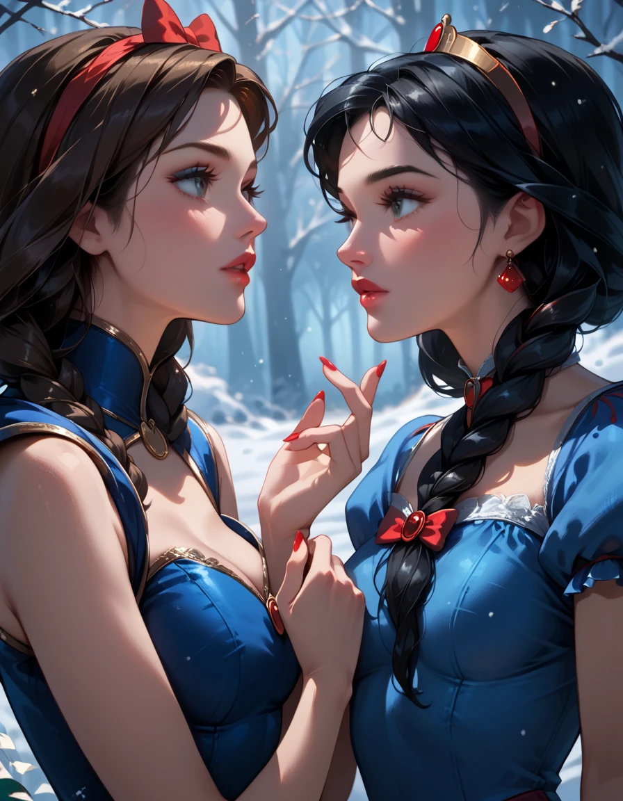 score_9, score_8_up, score_7_up, score_6_up, rating_explicit, source_cartoon, 2girls, duo, beautiful waifu, very sexy (Disney's Snow White, black hair, light skin:1.4), and very sexy (Anna, brown hair, braided pigtails:1.2), wearing (elegant Qipao dress, sleeveless, bare shoulders:1.1), eyes half-closed, (looking into each others eyes, in love:1.3), filled lips, thick lips, detailed eyes, detailed face, perfect hands, (Hand, detailed, perfect, perfection, hands:1.2), perfect proportions, simple background.