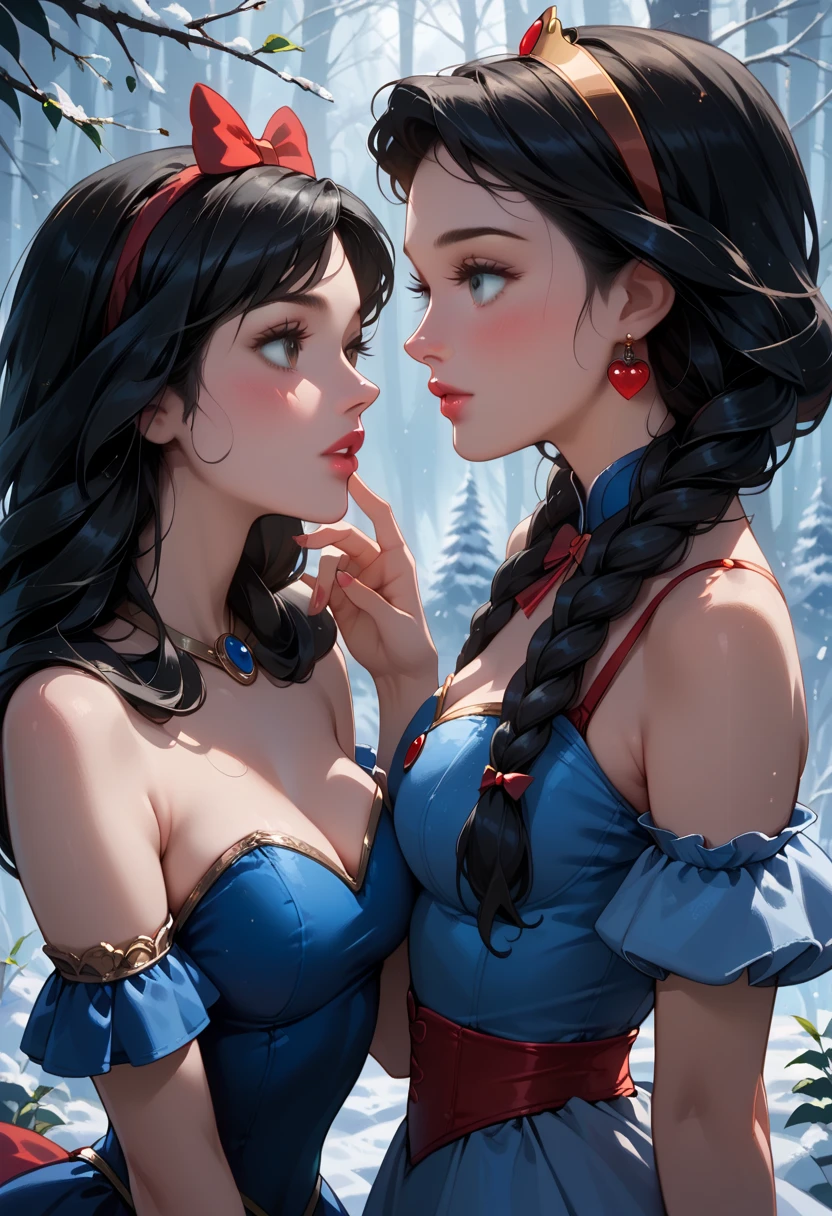 score_9, score_8_up, score_7_up, score_6_up, rating_explicit, source_cartoon, 2girls, duo, beautiful waifu, very sexy (Disney's Snow White, black hair, light skin:1.4), and very sexy (Anna, brown hair, braided pigtails:1.2), wearing (elegant Qipao dress, sleeveless, bare shoulders:1.1), eyes half-closed, (looking into each others eyes, in love:1.3), filled lips, thick lips, detailed eyes, detailed face, perfect hands, (Hand, detailed, perfect, perfection, hands:1.2), perfect proportions, simple background.