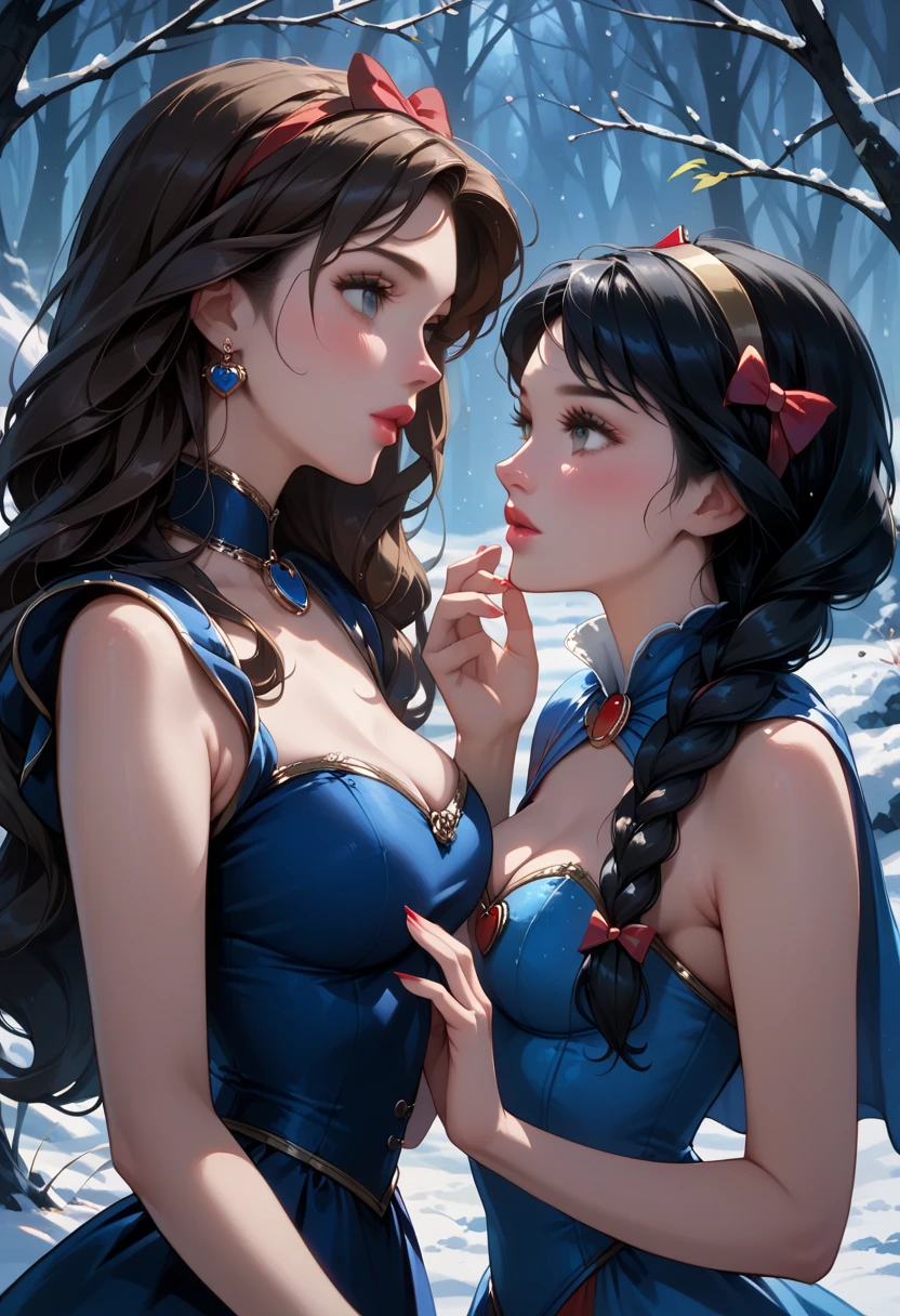 score_9, score_8_up, score_7_up, score_6_up, rating_explicit, source_cartoon, 2girls, duo, beautiful waifu, very sexy (Disney's Snow White, black hair, light skin:1.4), and very sexy (Anna, brown hair, braided pigtails:1.2), wearing (elegant Qipao dress, sleeveless, bare shoulders:1.1), eyes half-closed, (looking into each others eyes, in love:1.3), filled lips, thick lips, detailed eyes, detailed face, perfect hands, (Hand, detailed, perfect, perfection, hands:1.2), perfect proportions, simple background.